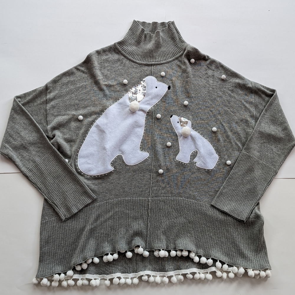 BEREK Cotton Blend Grey Sweater Womens sz M Applications Polar Bears